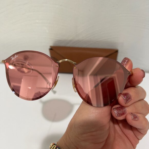 Ray Ban Blaze Round Gold RB3574N 001/E4 Pink Mirrored Sunglasses Unisex 59mm - Picture 9 of 10